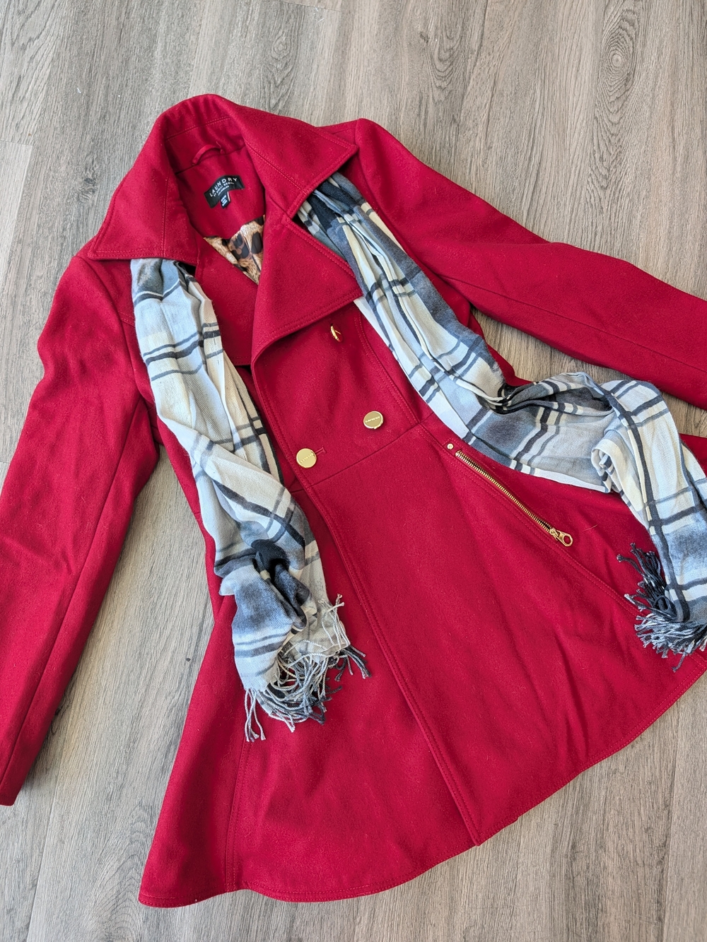 Laundry By Shelli Segal Red Double-Breasted Peacoat with Gold Hardware
